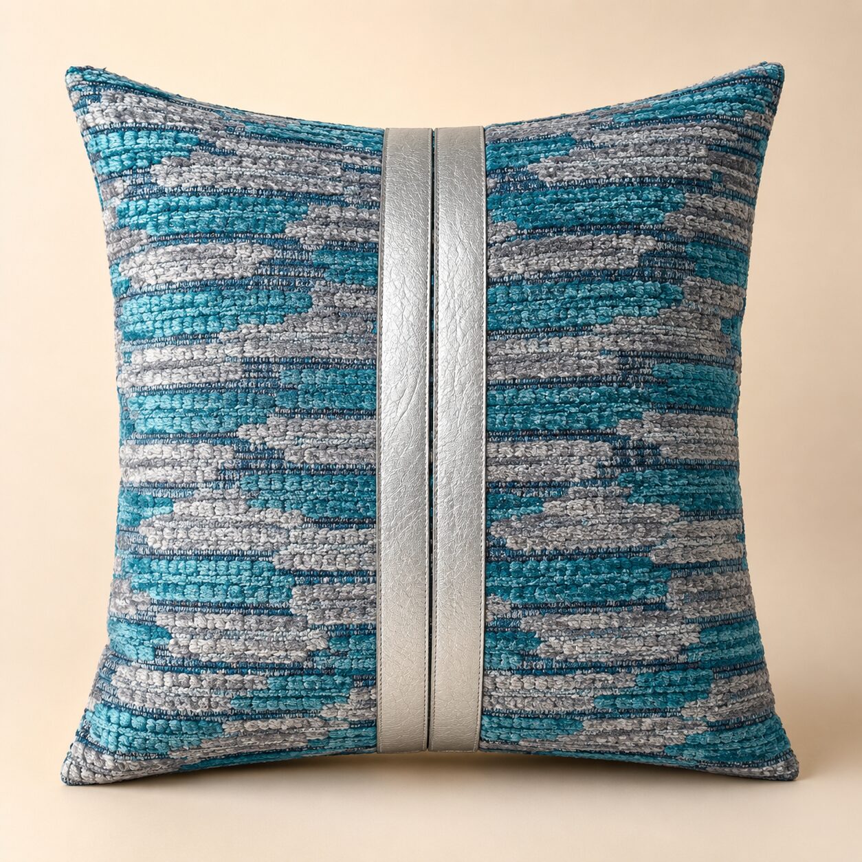 Polly Metallic Linen throw pillow cover, teal and silver ribbon