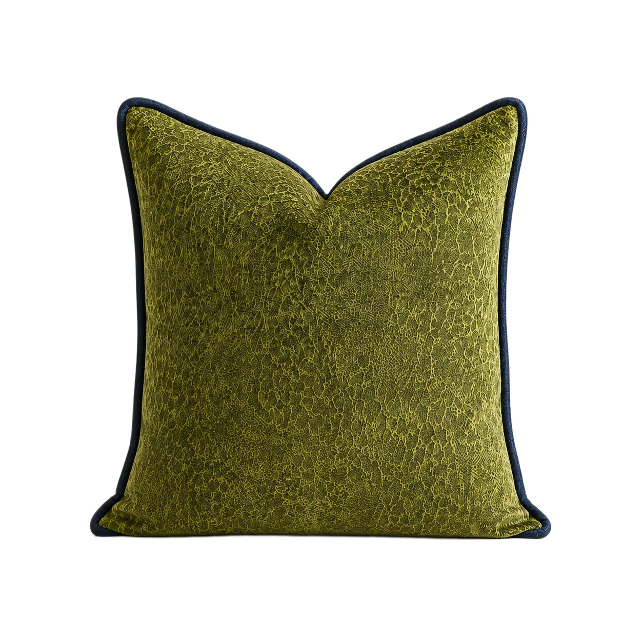 Serrano Velvet Épingle throw pillow cover, olive velvet with navy piping