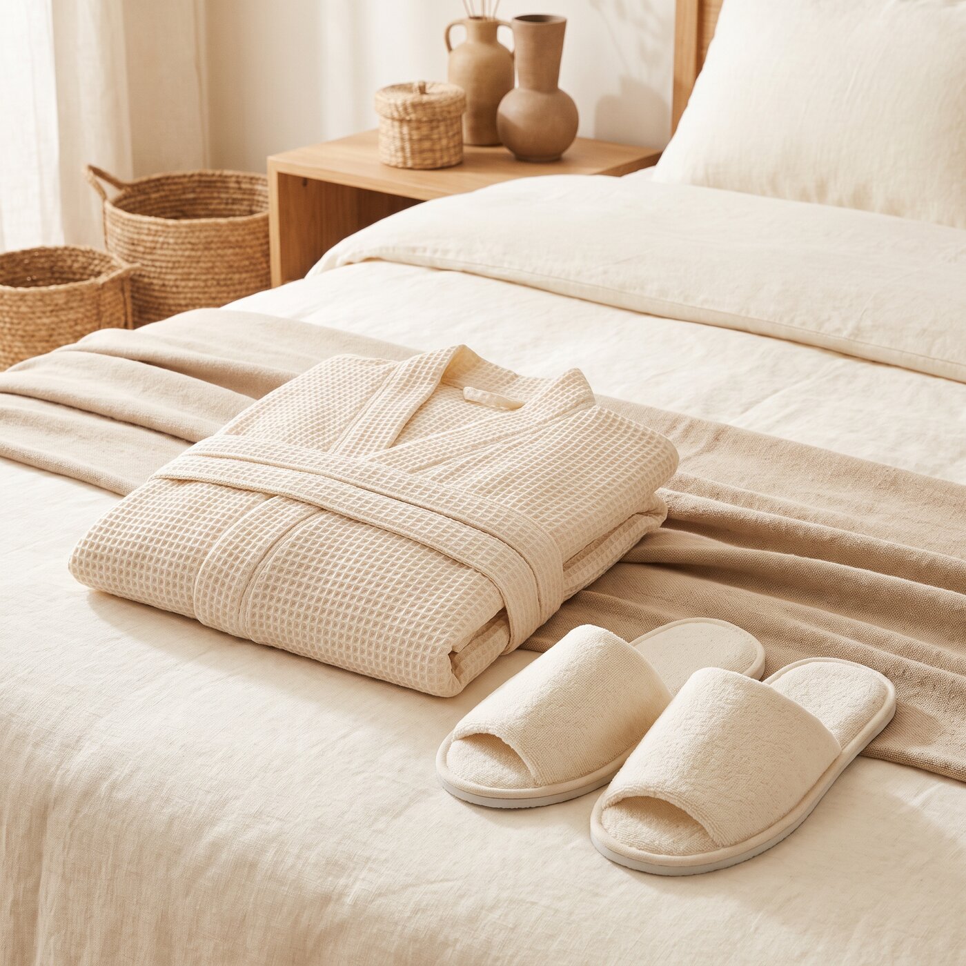 Folded waffle robe and slippers styled on a guestroom bed