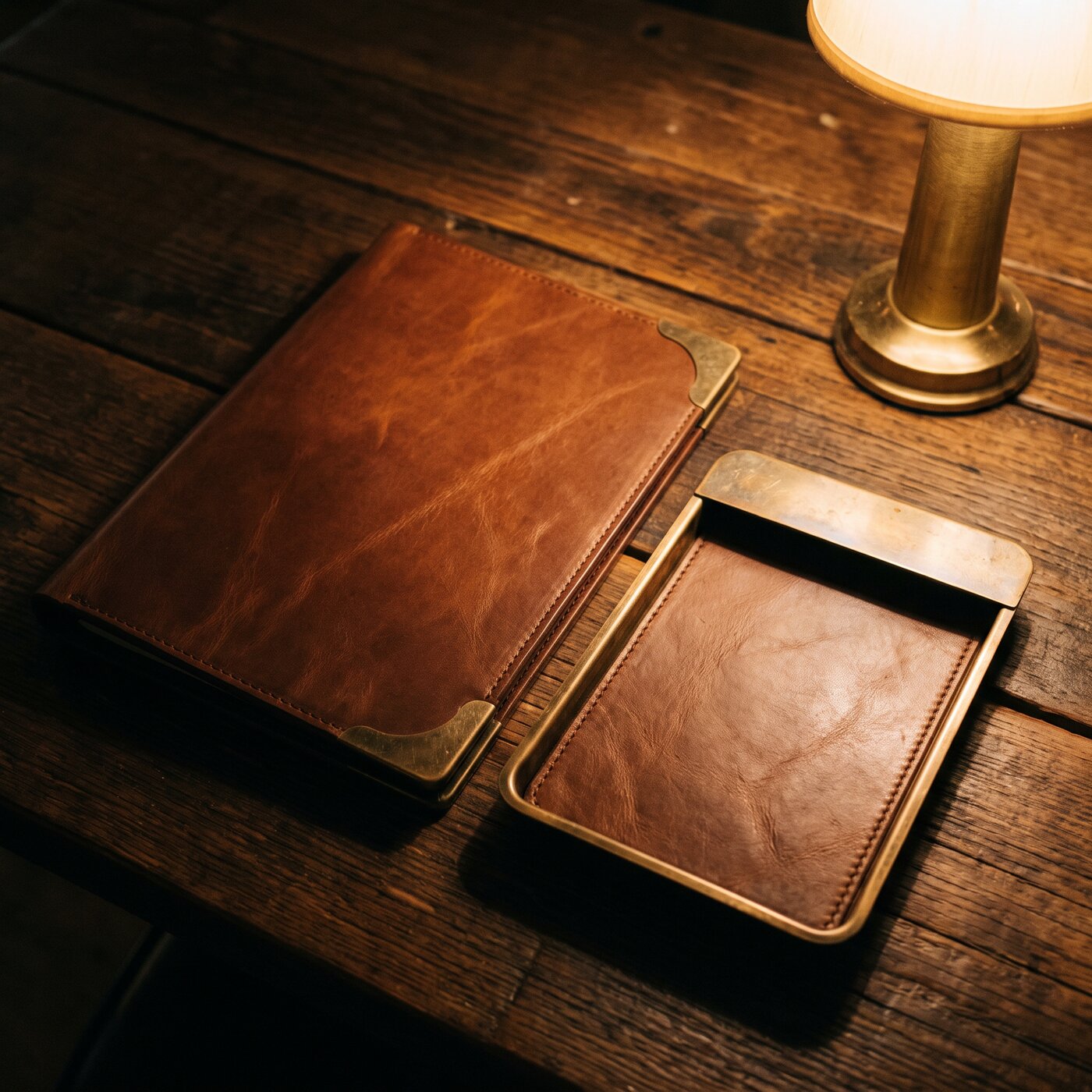 Leather menu cover and brass check presenter on a restaurant table