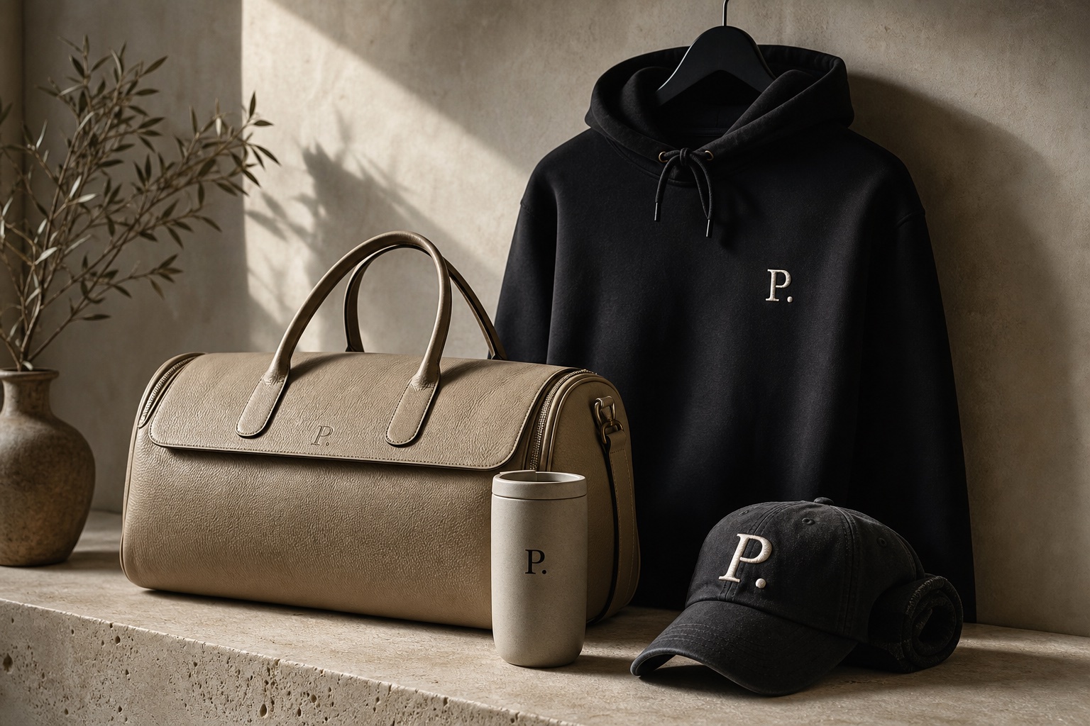 Penta branded merchandise: black hoodie, leather weekender, travel mug, and cap with P. monogram