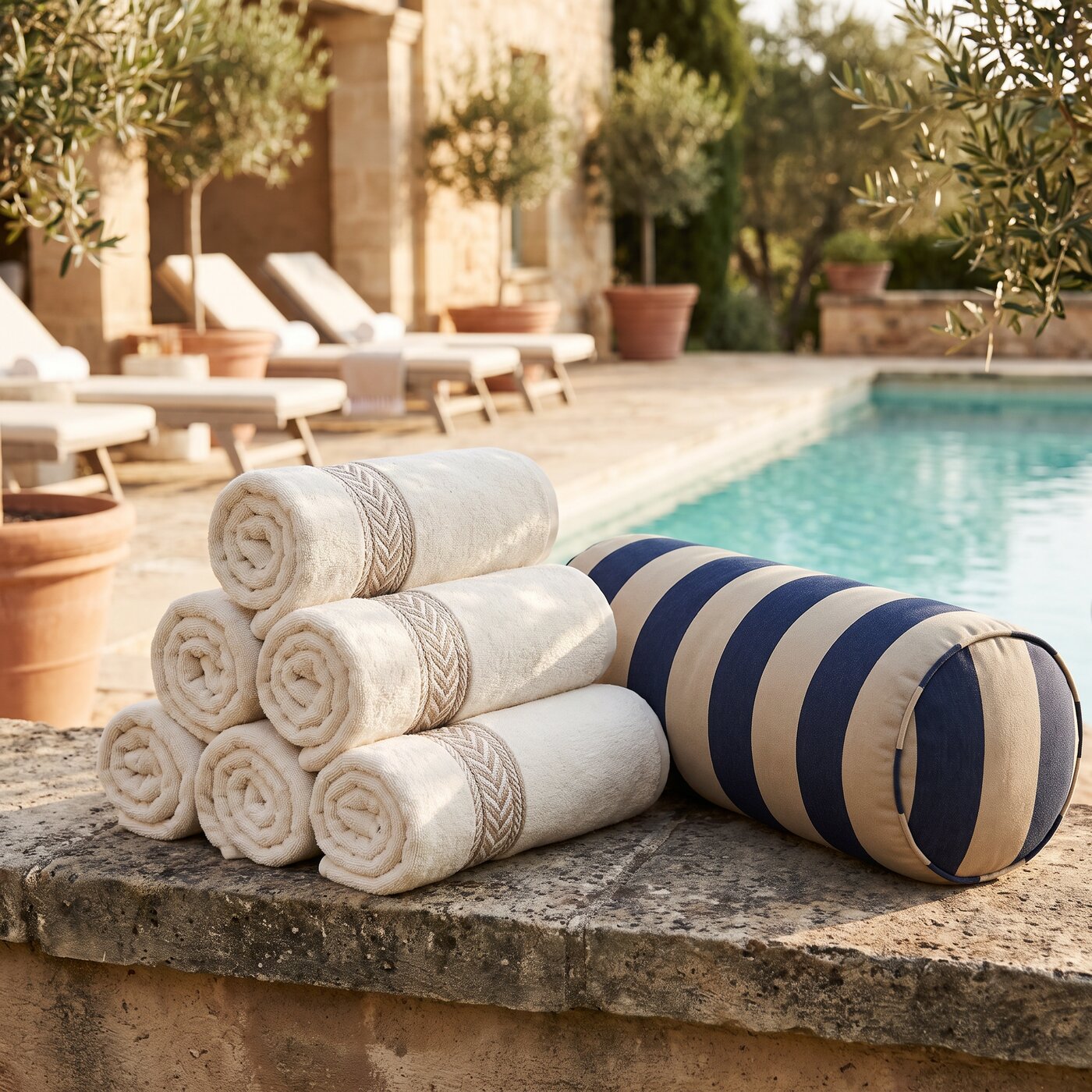 Rolled pool towels and a striped cabana bolster