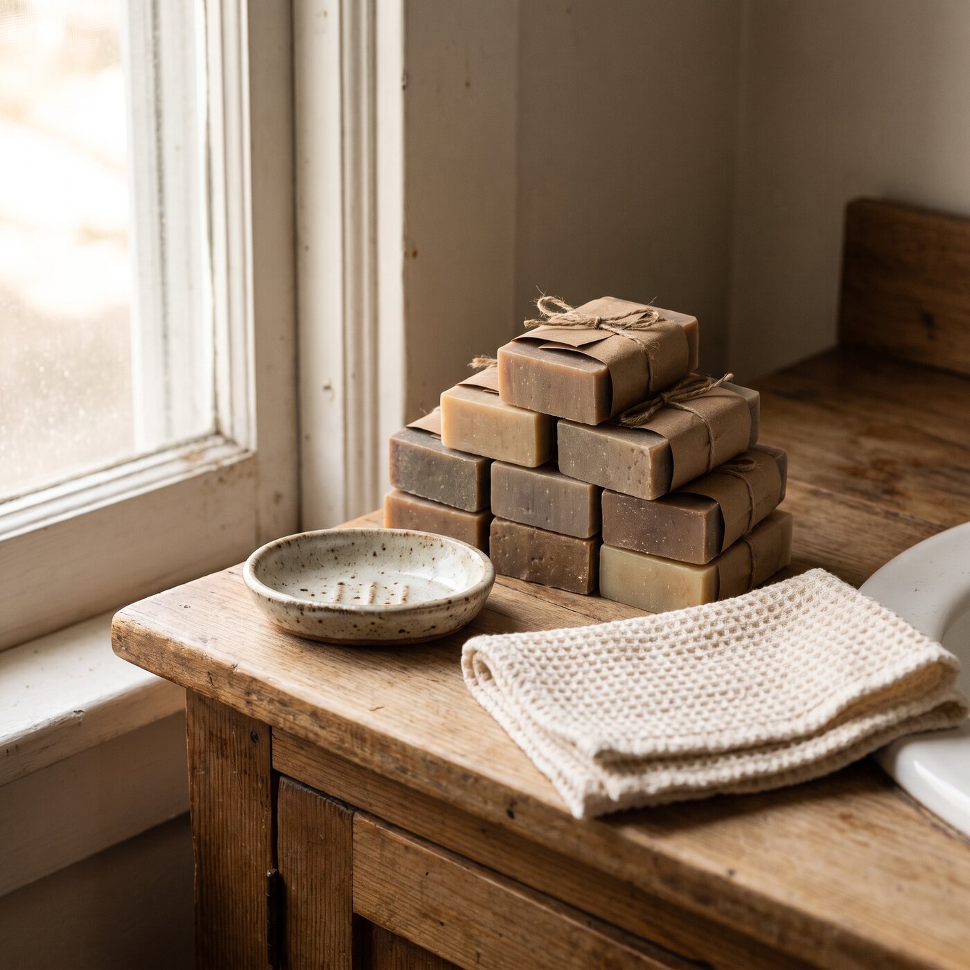 Artisanal soap bars and bath amenities styled on a vanity