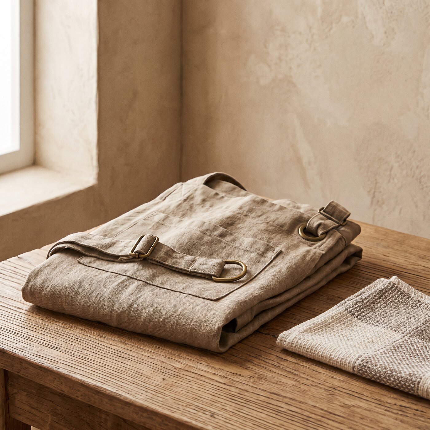 Folded linen apron with brass hardware and a woven pocket square