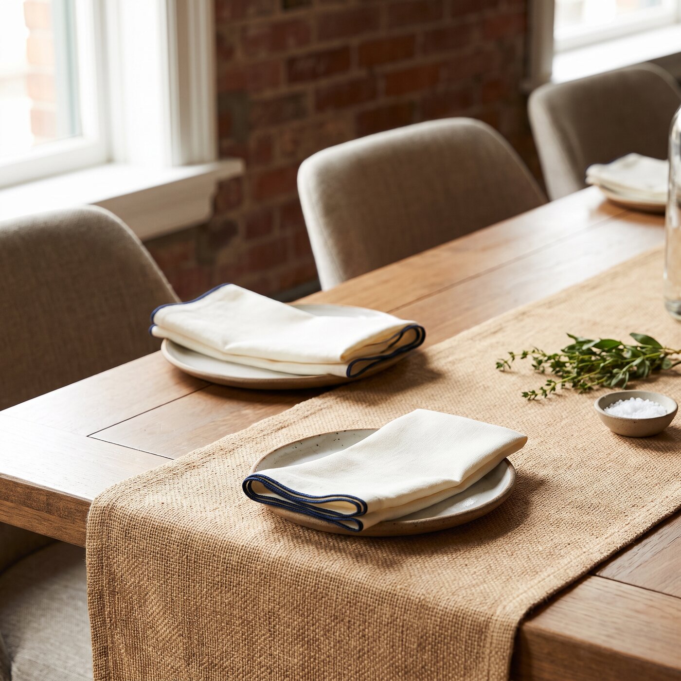 Ivory linen napkins with navy piping styled on a restaurant table