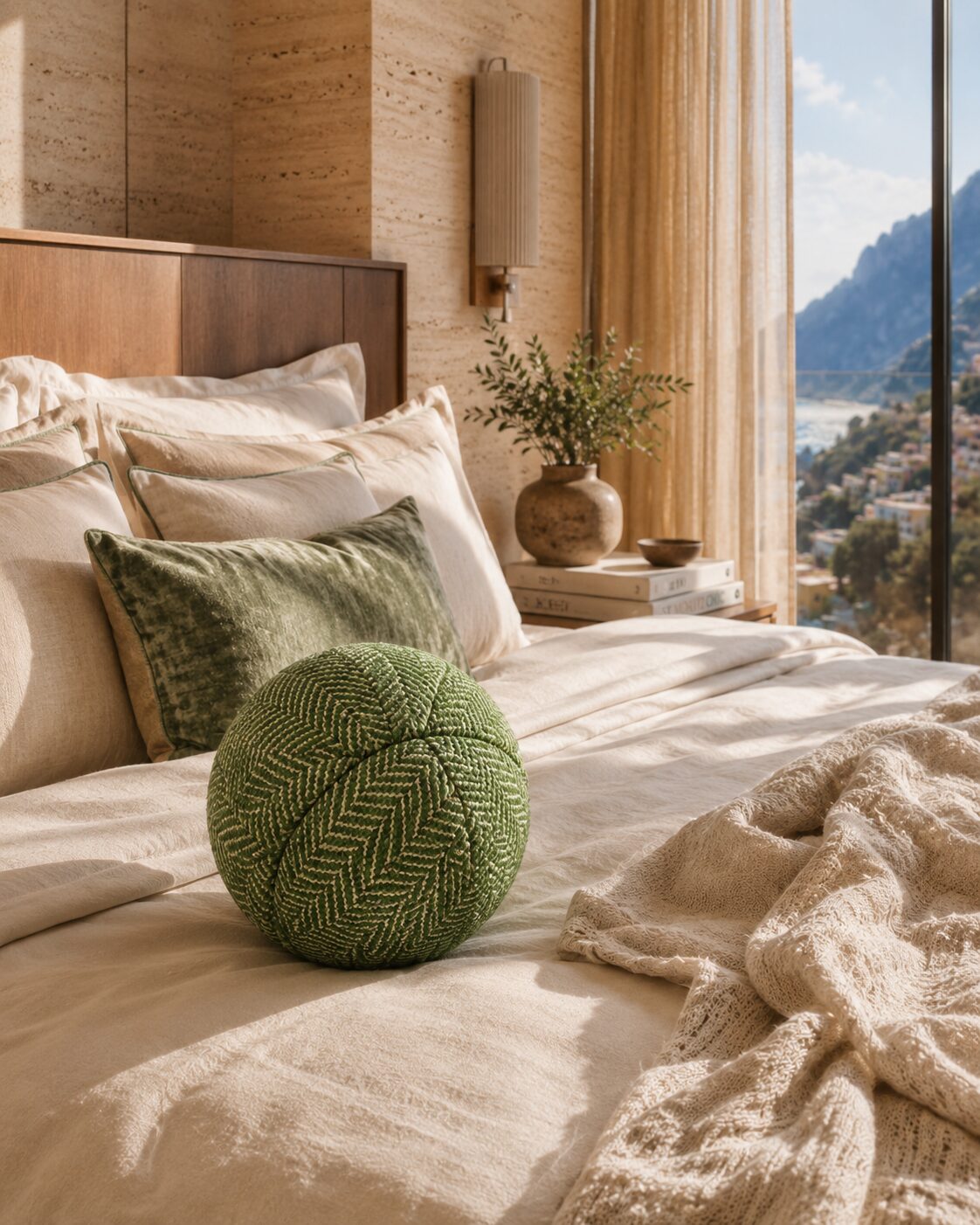 Guestroom styled with a Penta herringbone bolster, linen bedding, and a coastal view
