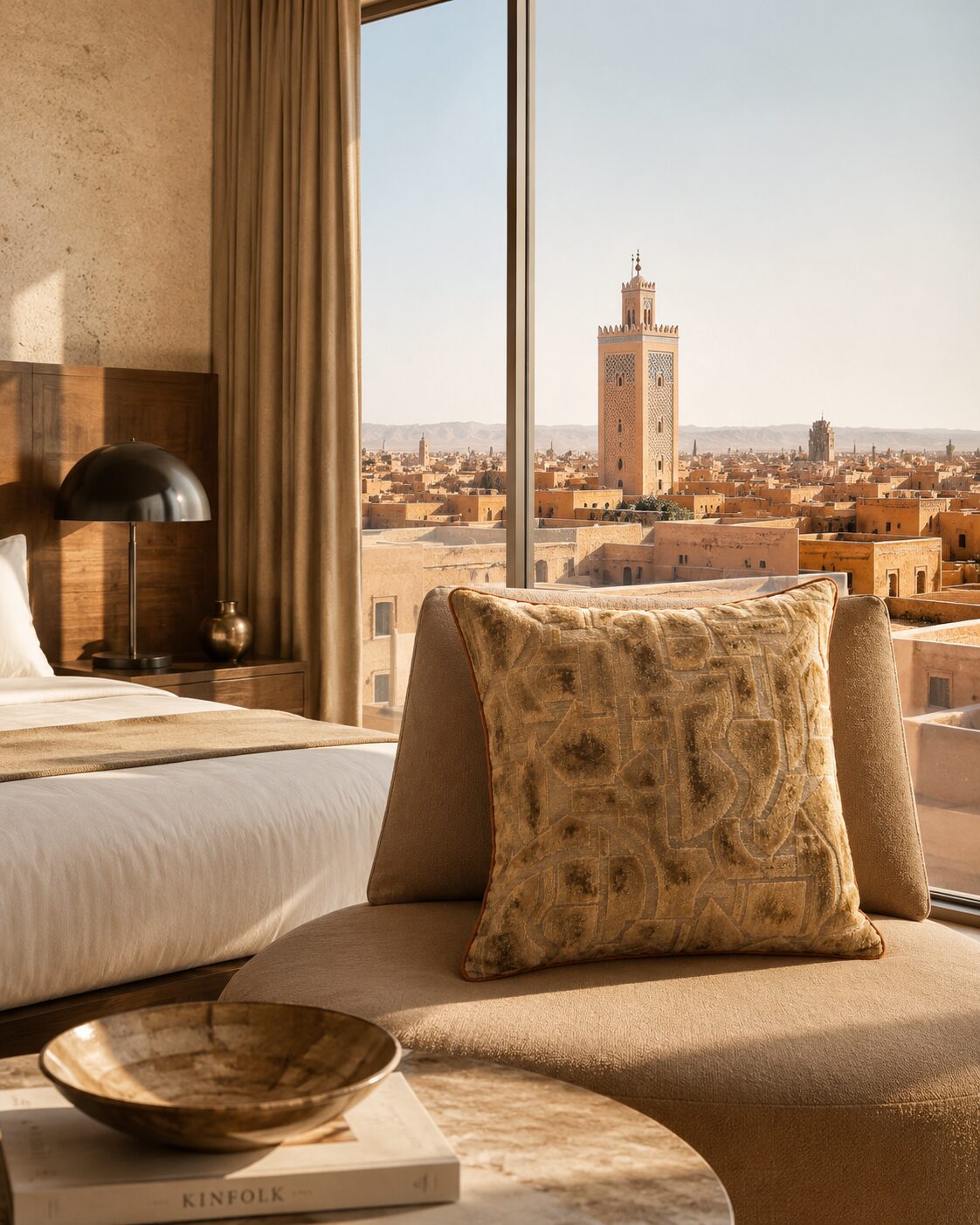 A Penta jacquard pillow styled on a lounge chair, desert city view beyond